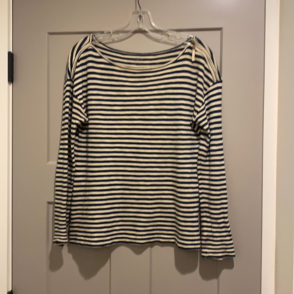 Navy and White Striped Cotton Crew Neck Top, Loft, Size M
